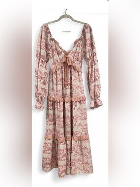 Romantic Pink Toile Maxi Dress with Ruffle Trim NWOT Sz Small